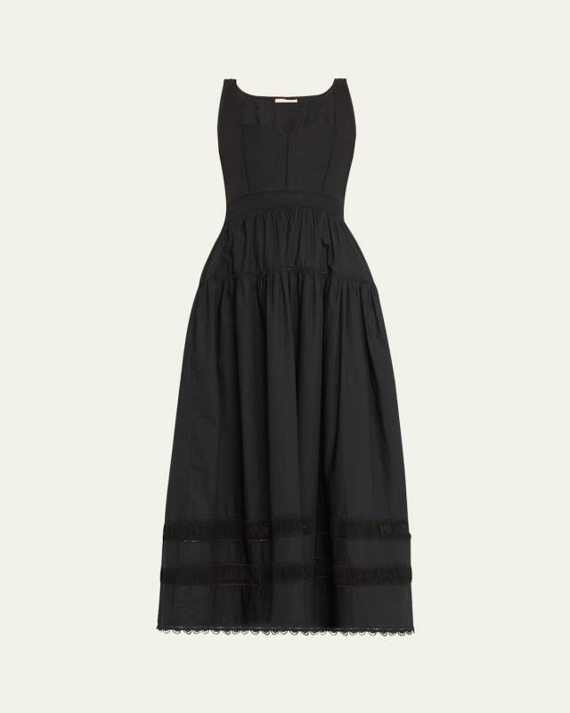 Isadora Ruched Lace-Inset Sweetheart Maxi Dress